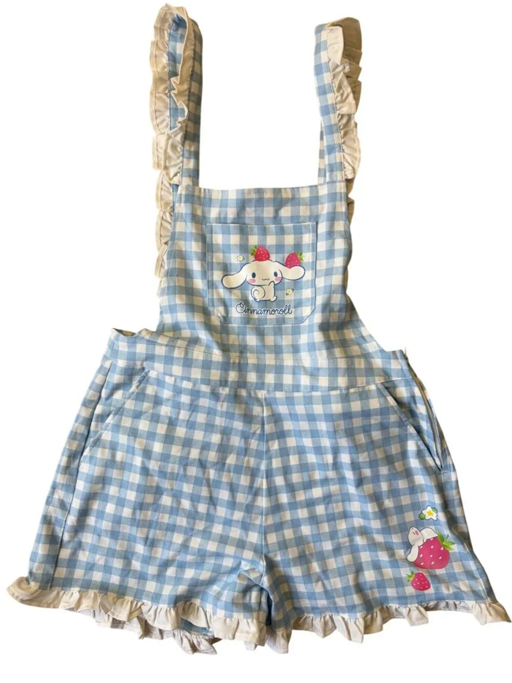 Cinnamoroll Sanrio Gingham Strawberry Ruffle Shortalls Womens L Kawaii Picnic
